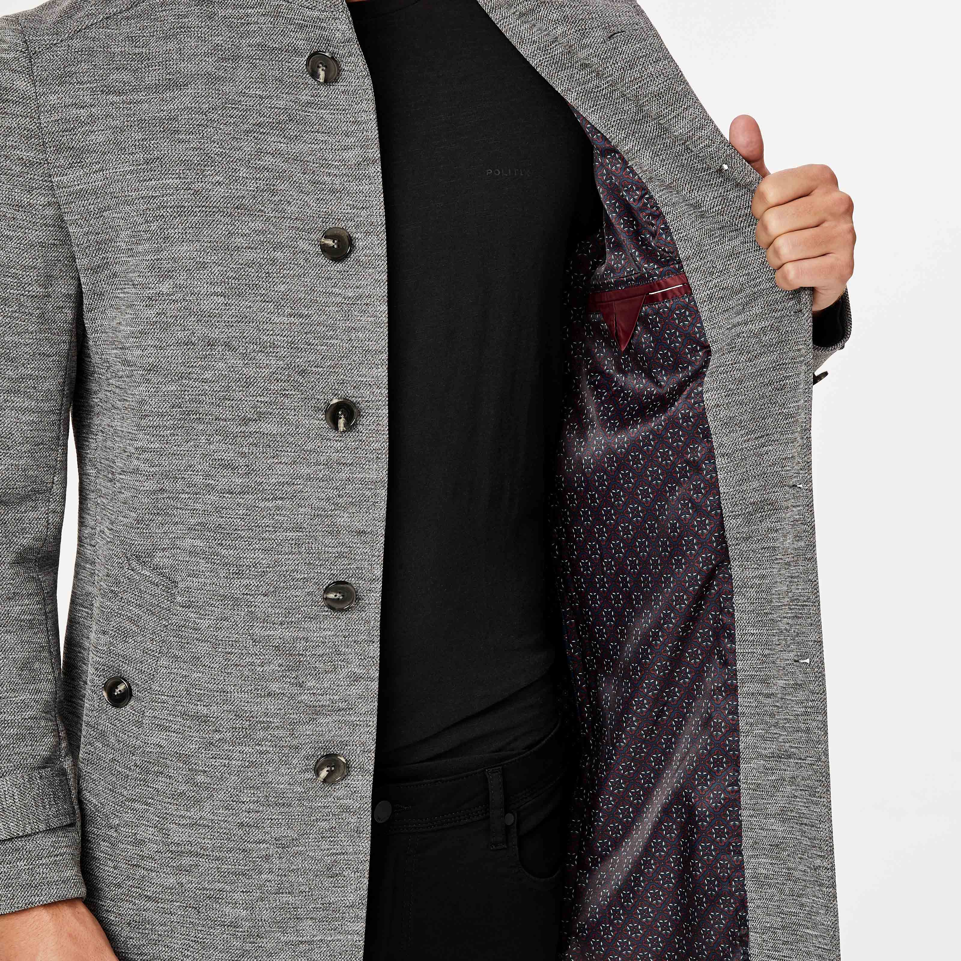Epping Mid Grey Button Up Coat Stand Collar Coats Jackets